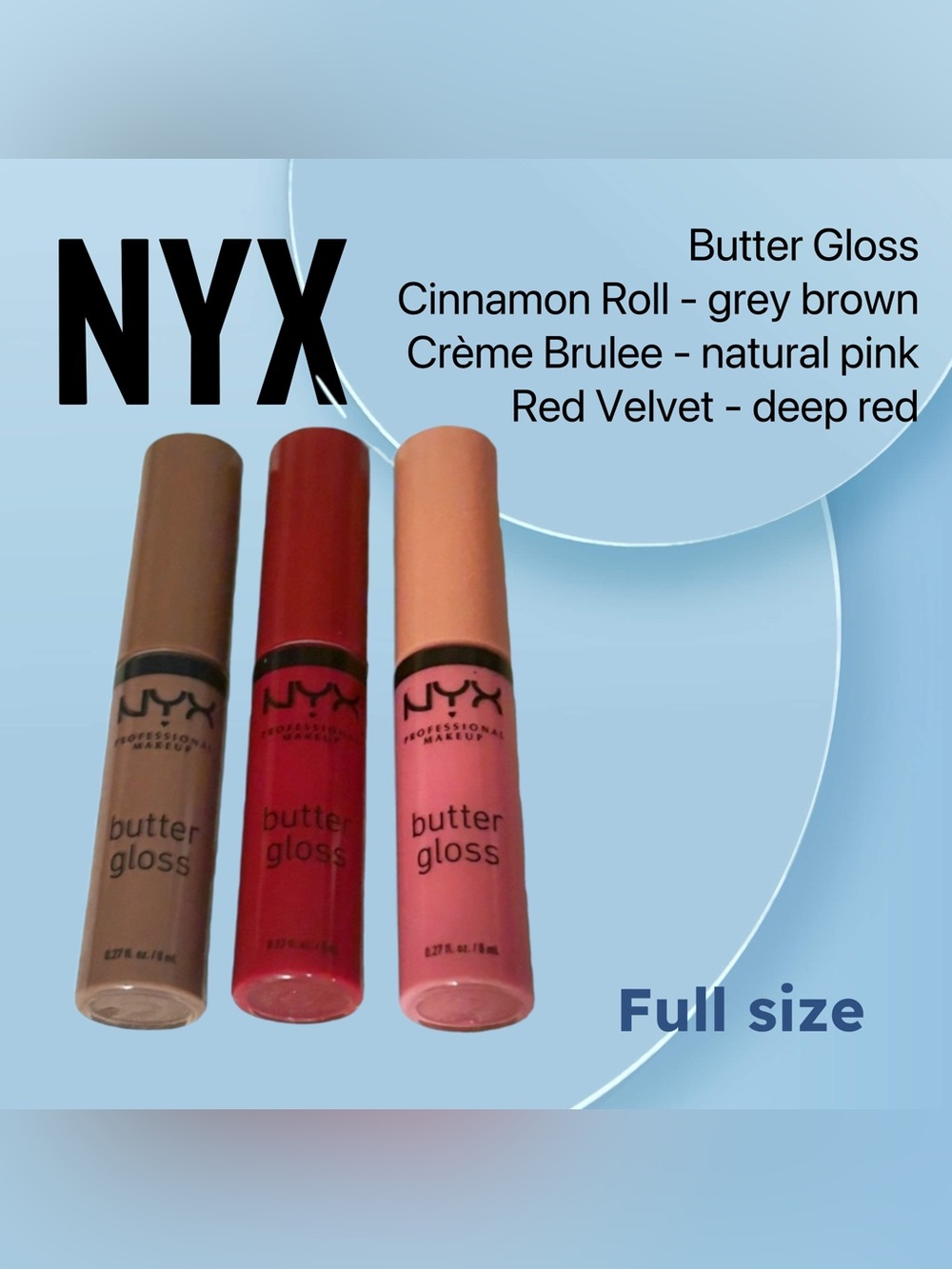 🇺🇸🆕NWOB NYX |FULL| 3x Butter Lip Gloss Set: Bold Red Grey Brown Soft Pink